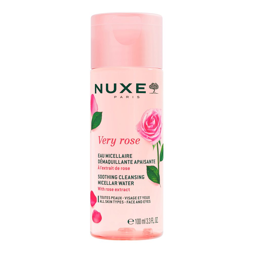 Nuxe Very Rose eau micellaire. Flacon rose avec bouchon rose. Étiquette avec nom du produit, rose et texte.