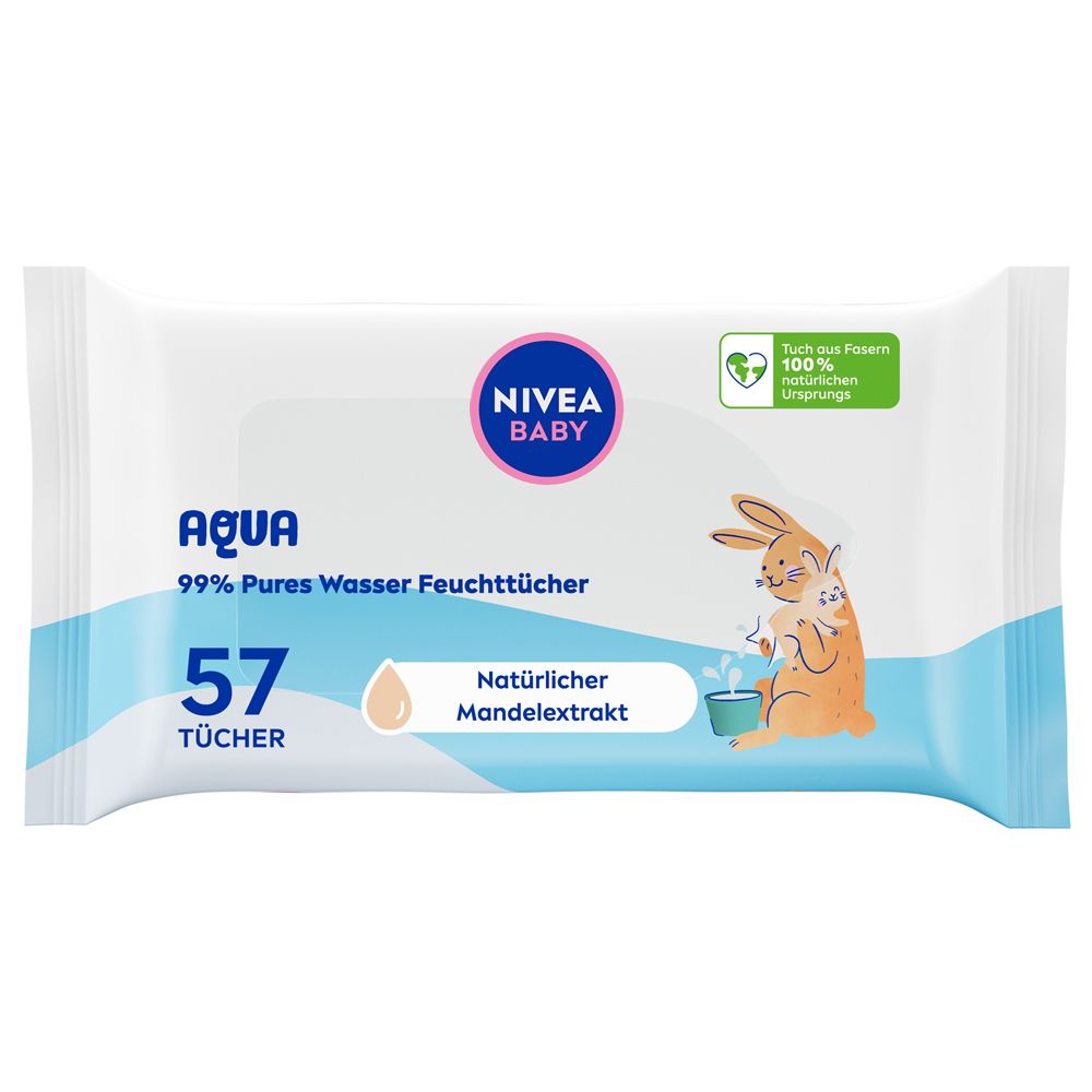 Lingettes humides NIVEA BABY Aqua, 57 lingettes, extrait d'amande naturelle et motif de lapin.