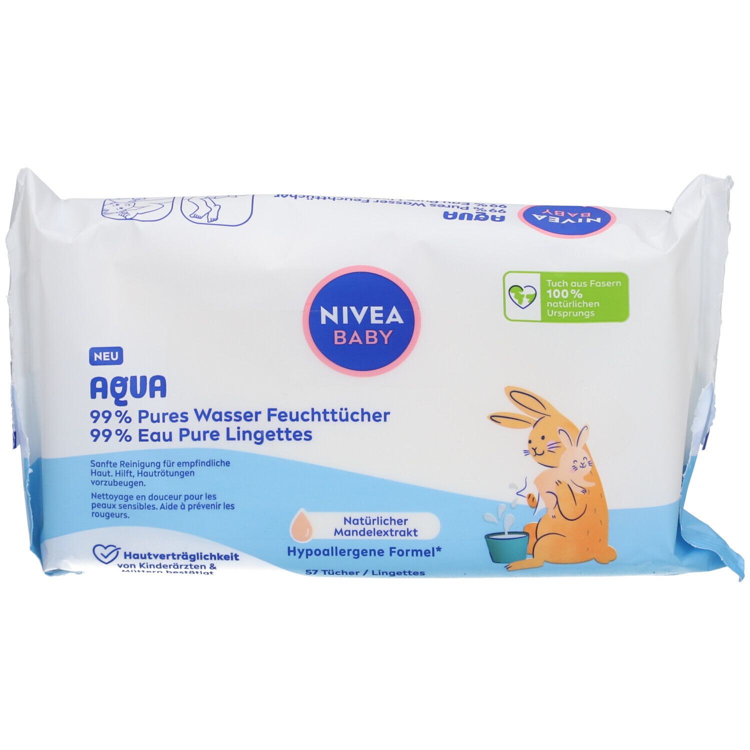 Paquet de lingettes NIVEA BABY Aqua. Emballage bleu avec logo, nom du produit et illustration d'un lapin.