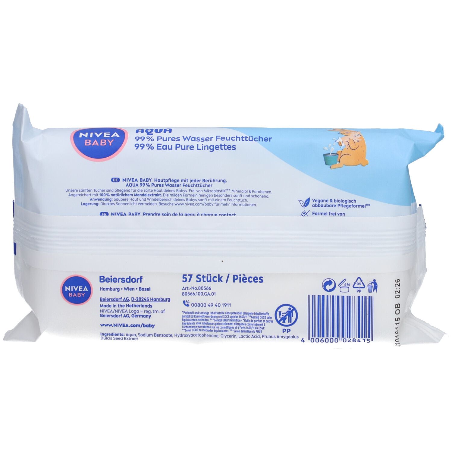 Dos du paquet de lingettes NIVEA BABY Aqua. Contient des informations sur le produit, des ingrédients et un code-barres.