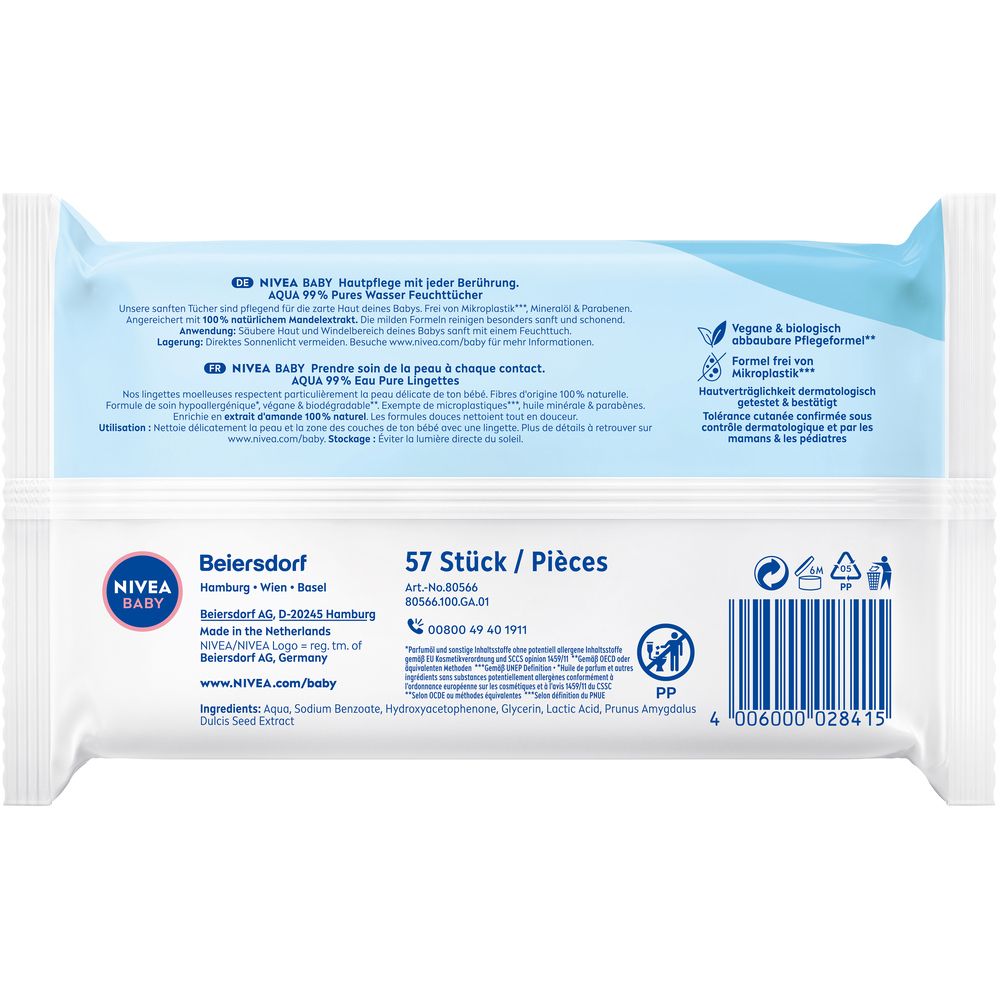Dos de l'emballage des lingettes humides NIVEA BABY Aqua avec informations produit et code-barres.