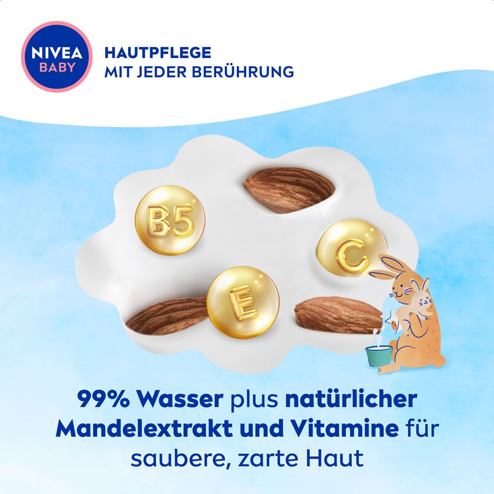 Lingettes humides NIVEA BABY Aqua : 99% eau, extrait naturel d'amande et vitamines pour une peau douce.