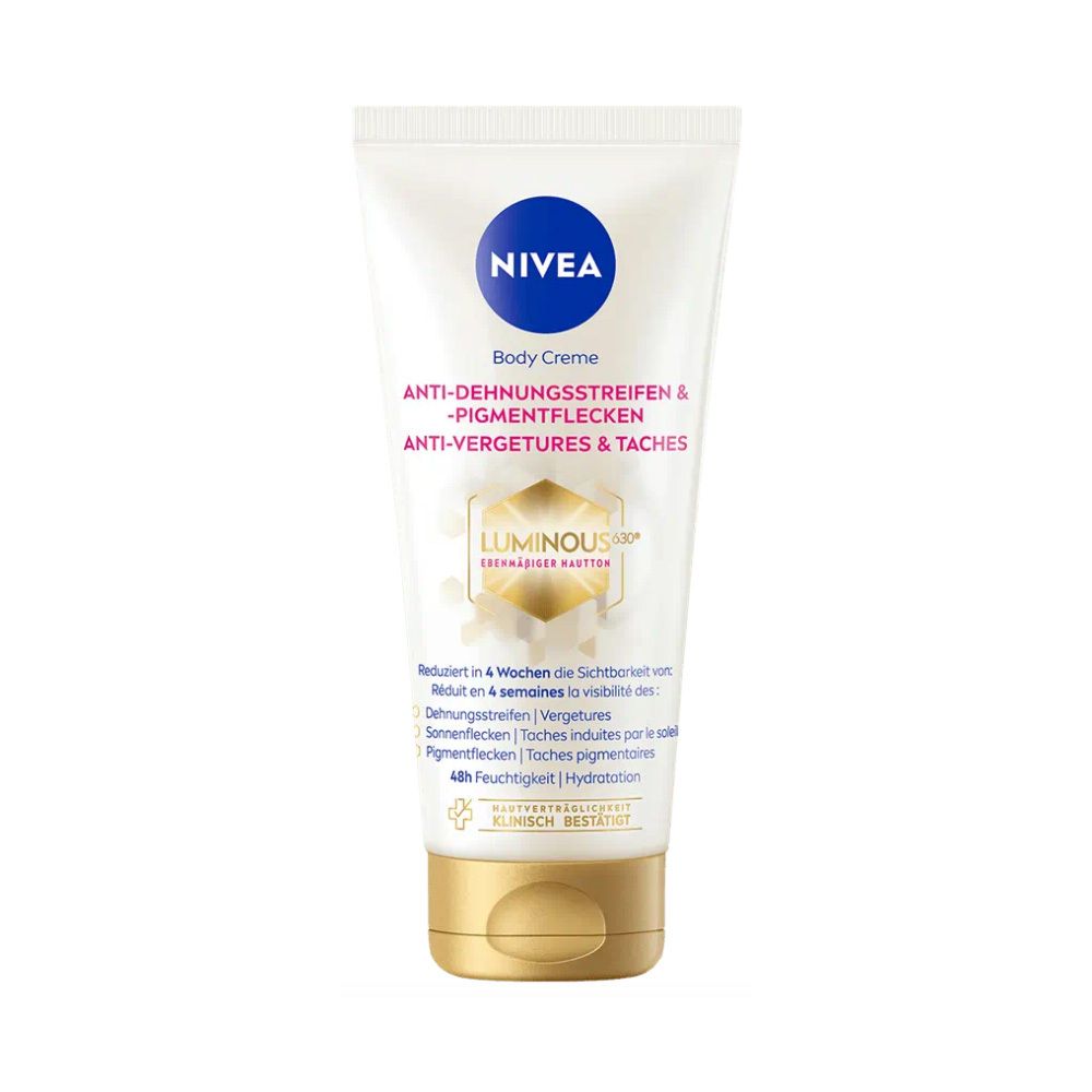 Tube blanche avec bouchon doré. Inscription: NIVEA Body Creme, Anti-vergetures & taches. Luminous630.