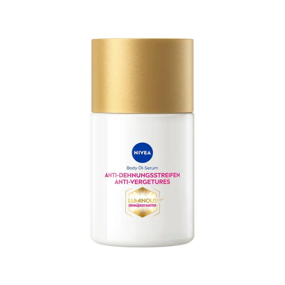 Nivea Luminous630® Huile-Sérum Corps Anti-Vergetures, flacon blanc avec capuchon doré.