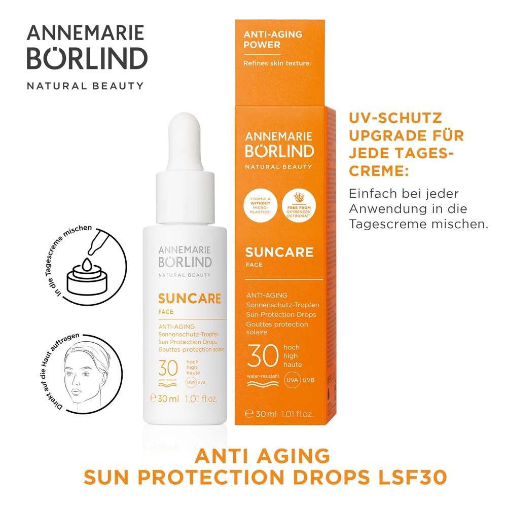Produit et emballage. Inscription : Suncare Face, Anti-Âge, SPF 30. Texte : Protection UV pour chaque crème de jour.