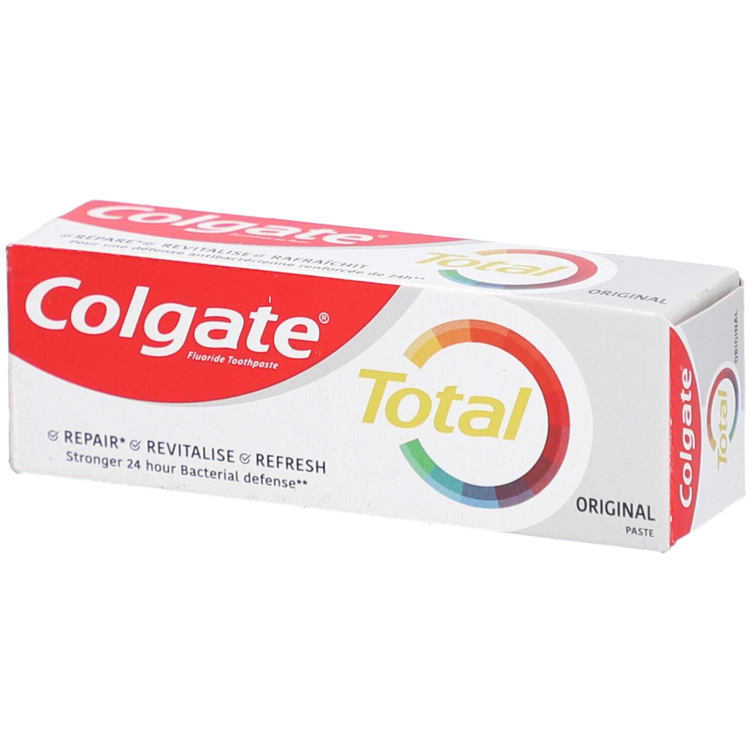 Emballage de dentifrice Colgate Total Original. Blanc, rouge et accents colorés. Inscription : Colgate Total Original.