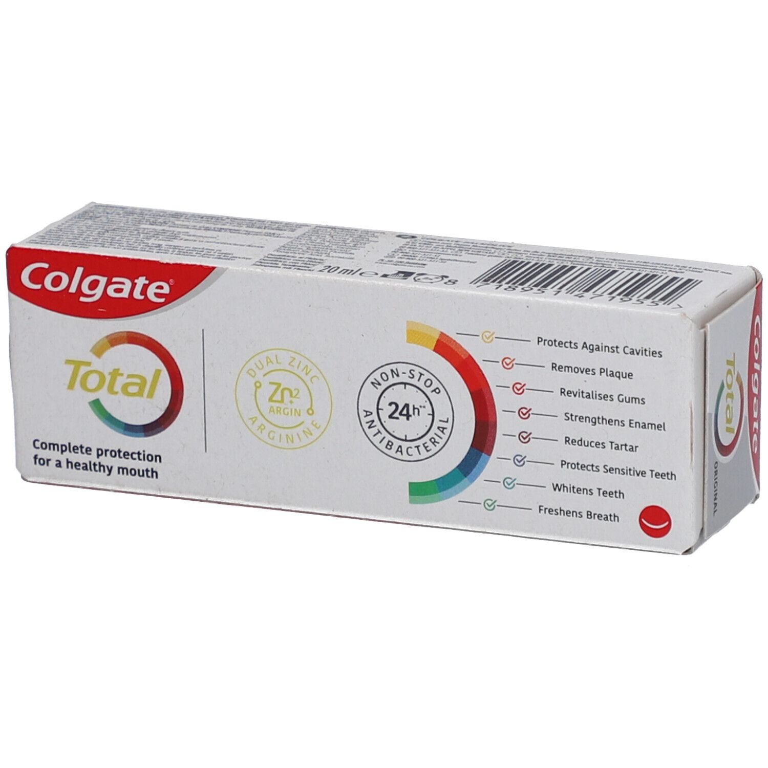Emballage de dentifrice Colgate Total Original. Blanc avec des accents colorés. Inscription : Colgate Total Original. Avantages du produit.