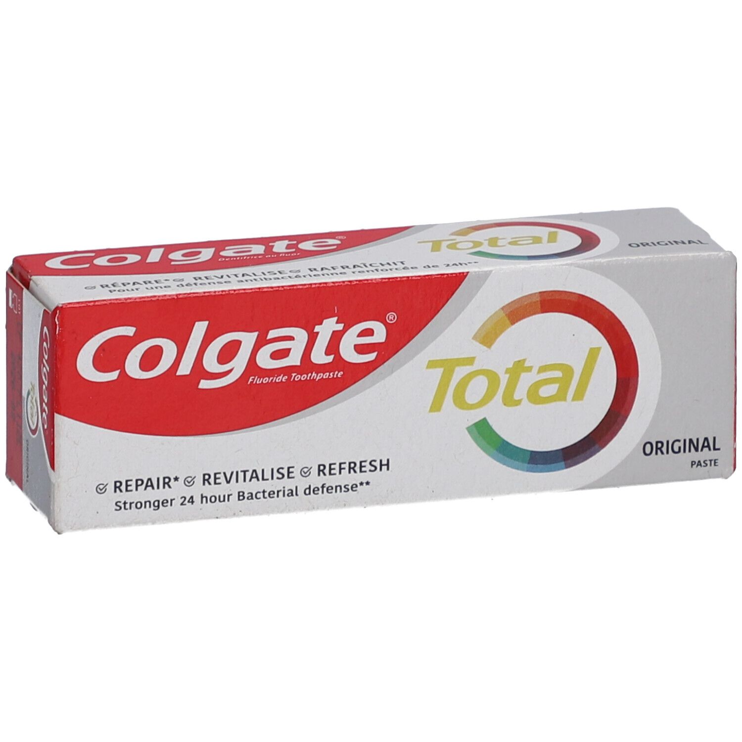 Emballage de dentifrice Colgate Total Original. Blanc, rouge et accents colorés. Inscription : Colgate Total Original.