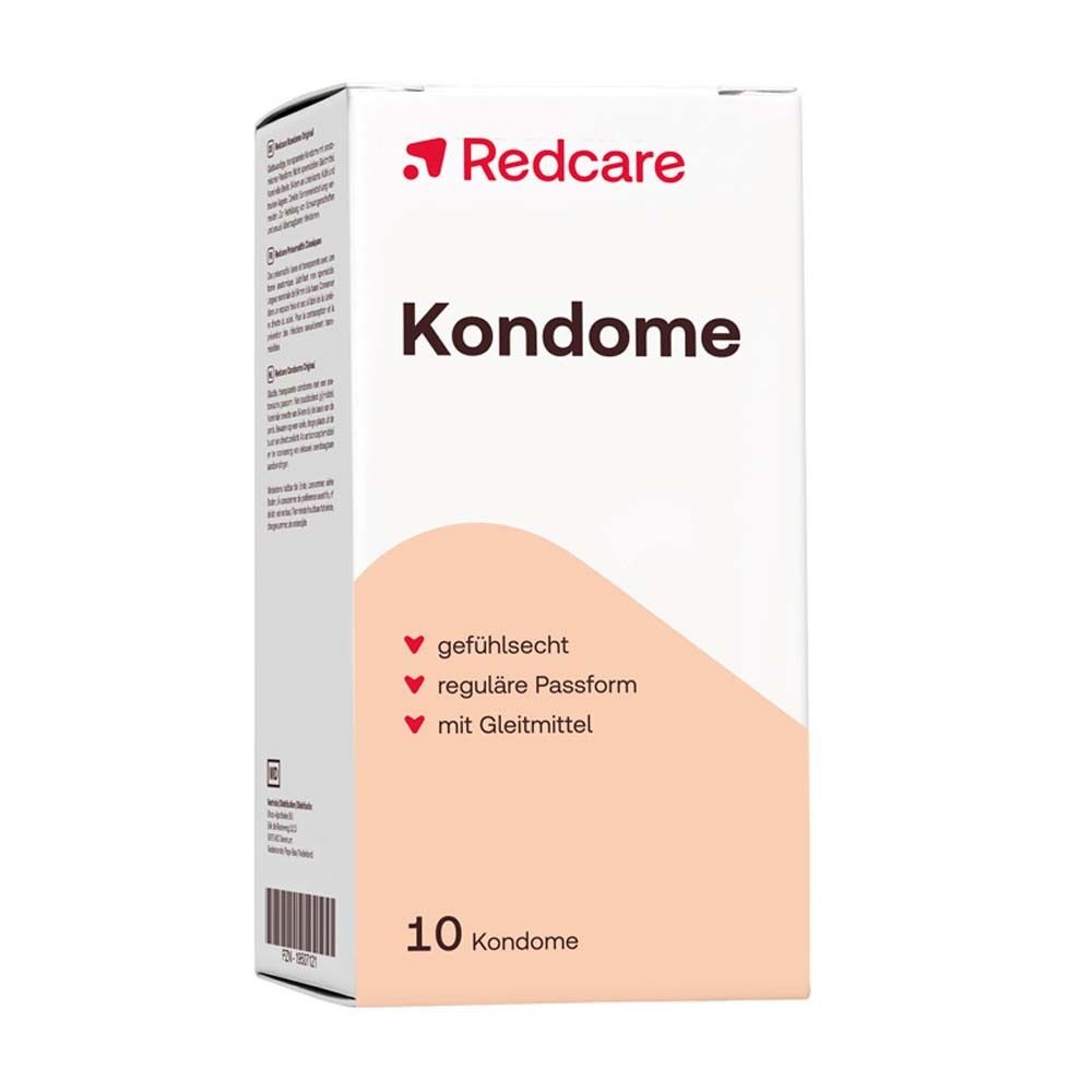 Boîte de préservatifs Redcare. Inscription : Préservatifs, sensations naturelles, coupe régulière, avec lubrifiant. 10 préservatifs.