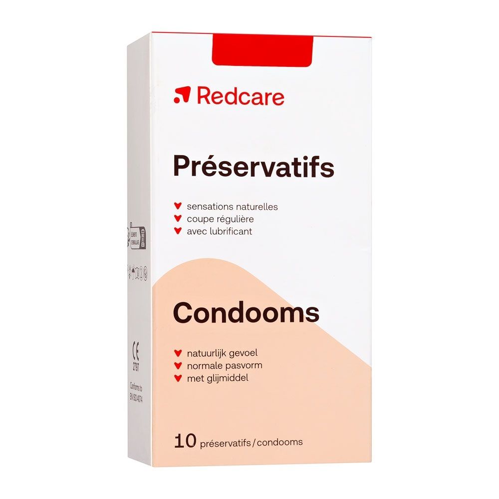 Pack de 10 préservatifs Redcare. Coupe régulière, avec lubrifiant et sensations naturelles.