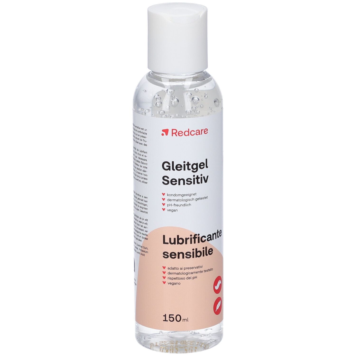 Flacon transparent avec bouchon blanc. Étiquette avec nom du produit, marque Redcare et informations. 150ml.