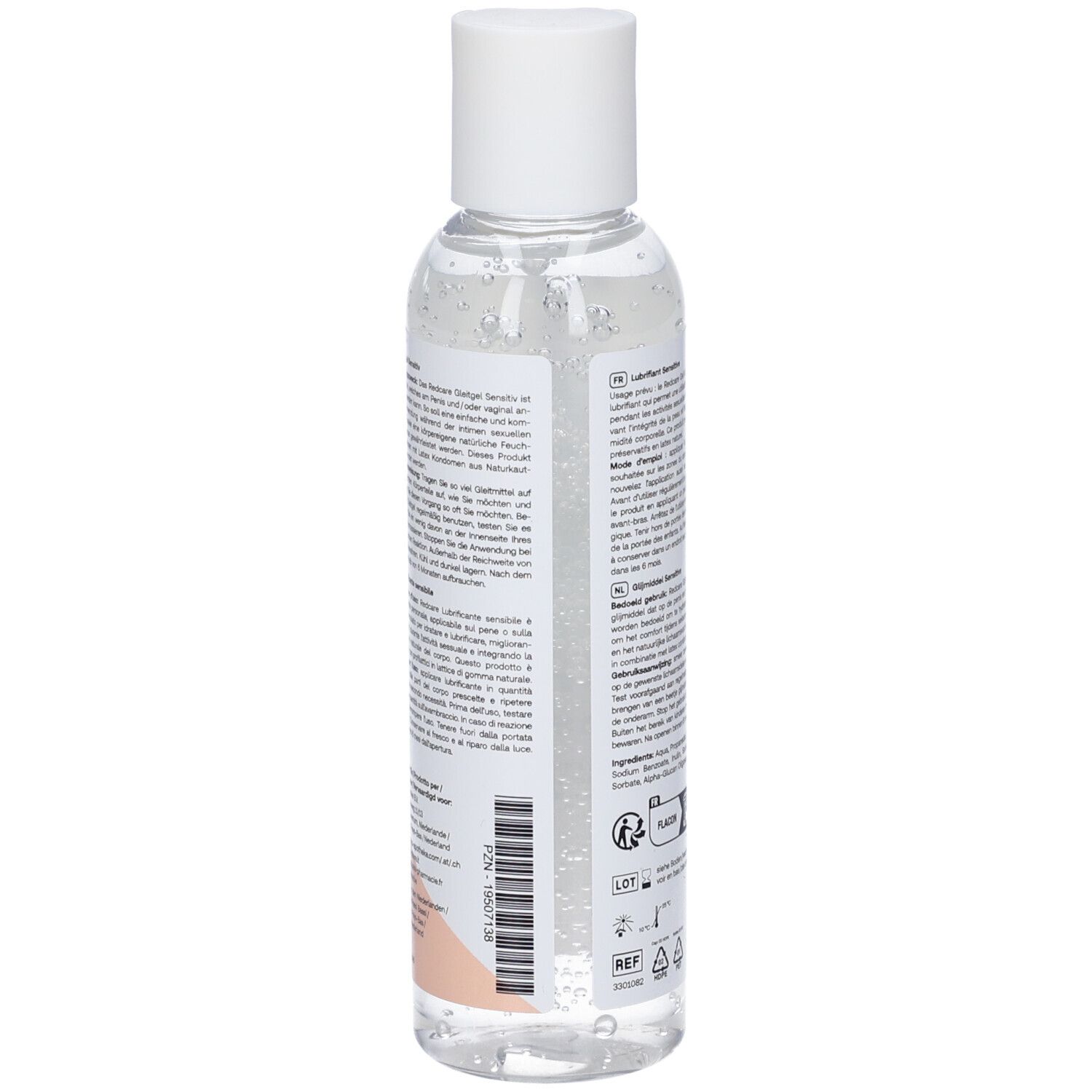 Dos du flacon. Étiquette avec informations produit, ingrédients et coordonnées fabricant. Texte multilingue.