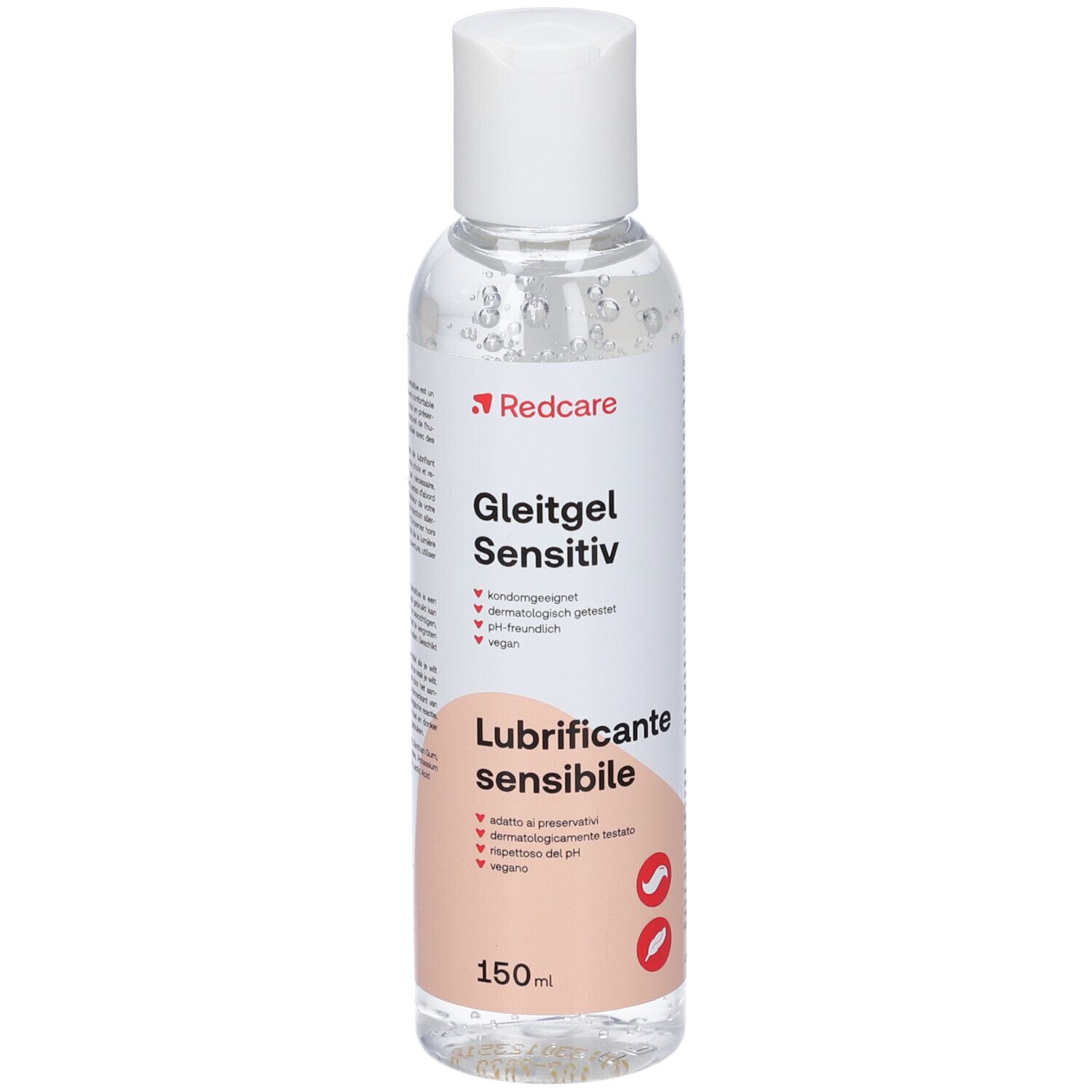 Flacon transparent avec bouchon blanc. Étiquette avec nom du produit, marque Redcare et informations. 150ml.