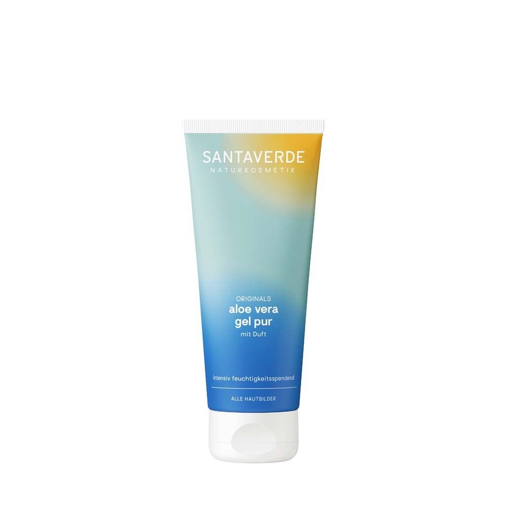 Tube de gel aloe vera pur parfumé SANTAVERDE Naturkosmetik ORIGINALS. Bouchon blanc, dégradé bleu clair et jaune.