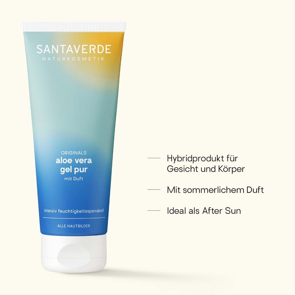 Tube de gel aloe vera pur parfumé SANTAVERDE Naturkosmetik ORIGINALS. Texte : produit hybride, parfum estival, après-soleil.