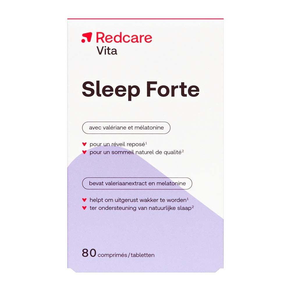 Boîte de Redcare Vita Sleep Forte. Inscription Sleep Forte, avec valériane et mélatonine. 80 comprimés.