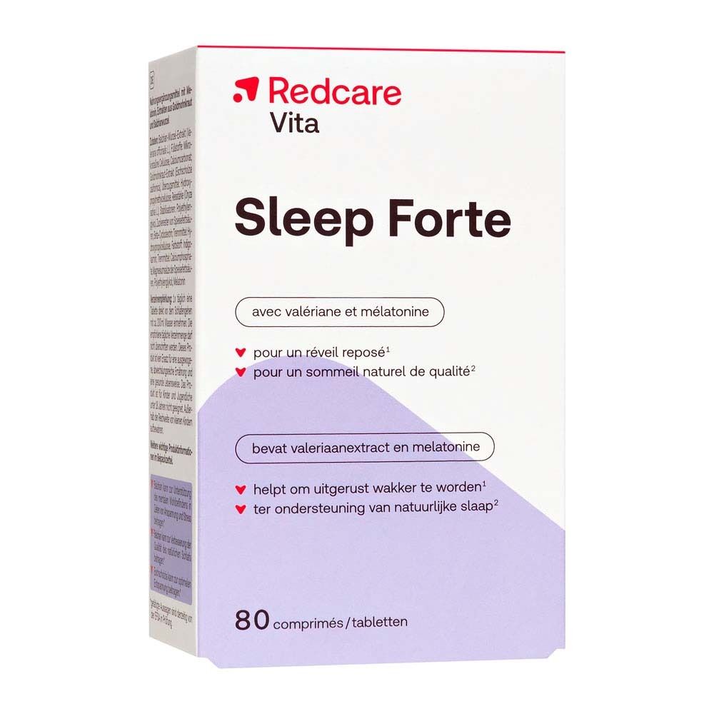 Boîte de Redcare Vita Sleep Forte. Inscription Sleep Forte, avec valériane et mélatonine. 80 comprimés.