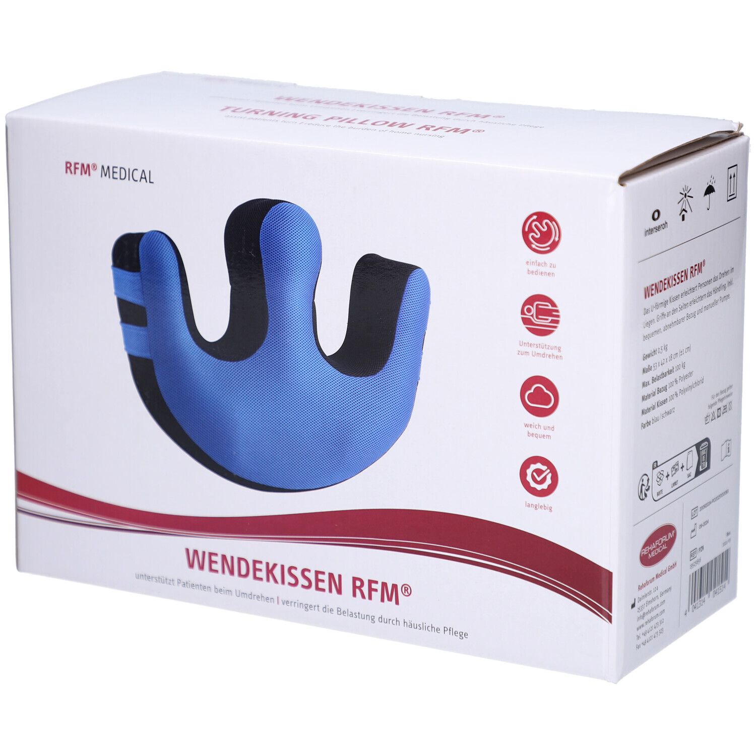 Coussin de retournement bleu et noir dans son emballage. Inscription : WENDKISSEN RFM®. RFM® MEDICAL. En forme de U.