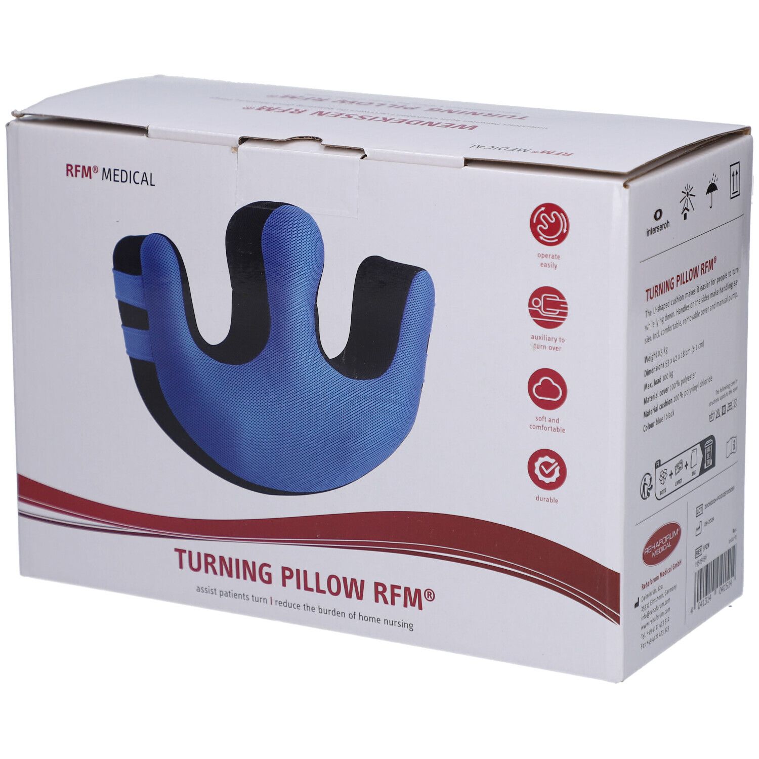 Emballage avec coussin de retournement bleu et noir. Inscription : TURNING PILLOW RFM®. RFM® MEDICAL. En forme de U.