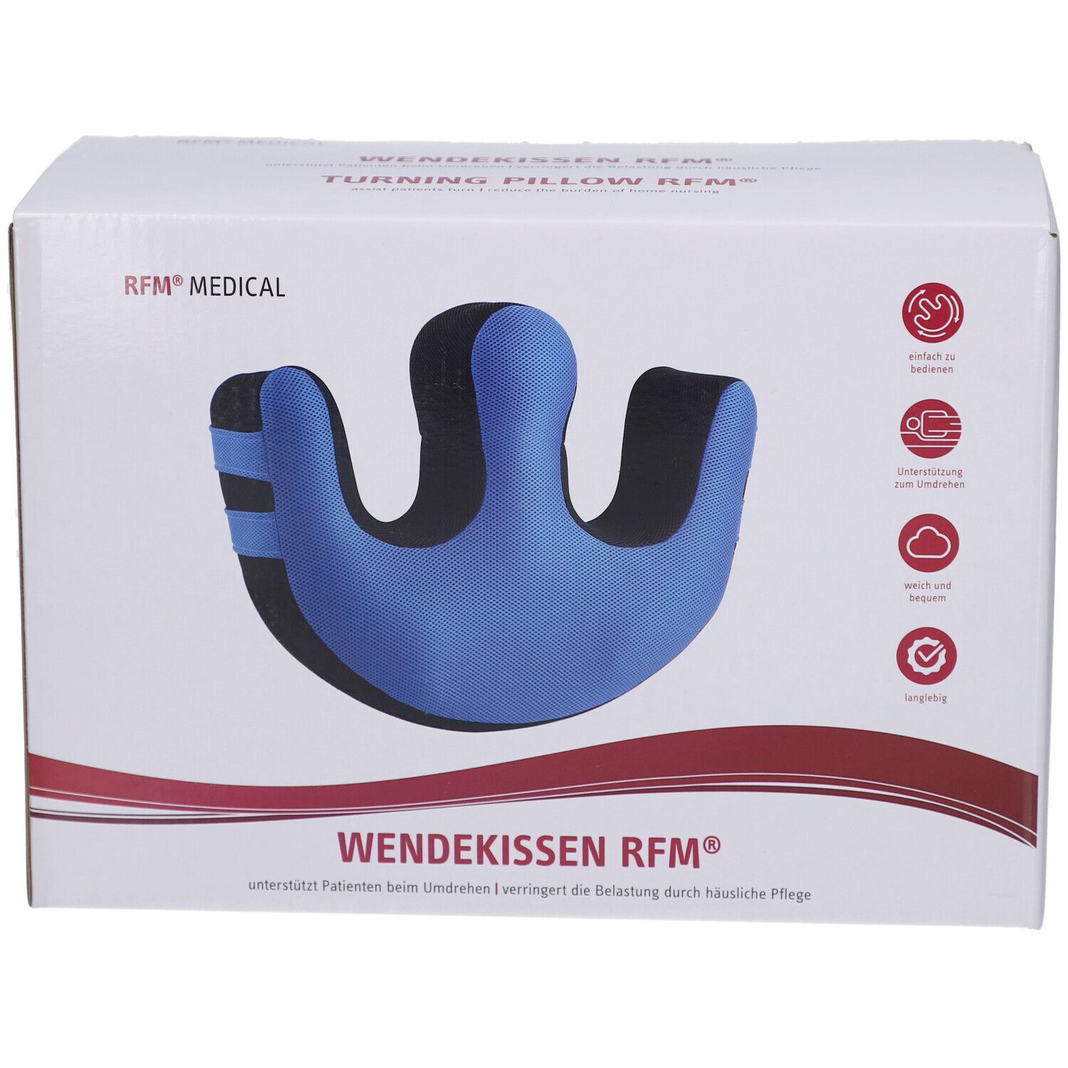 Emballage avec coussin de retournement bleu et noir. Inscription : WENDEKISSEN RFM®. RFM® MEDICAL. En forme de U.