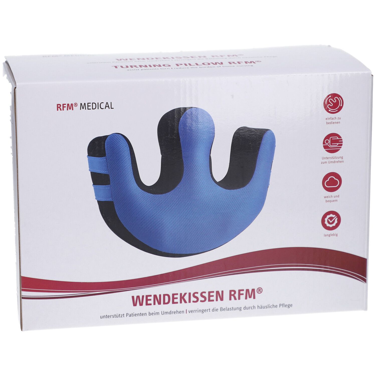 Emballage avec coussin de retournement bleu et noir. Inscription : WENDEKISSEN RFM®. RFM® MEDICAL. En forme de U.