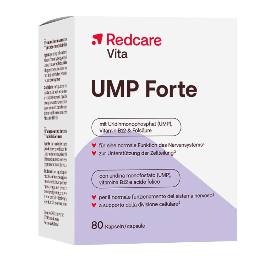 Boîte Redcare Vita UMP Forte. Contient 80 gélules. Inscription: UMP Forte, avec Uridine monophosphate, Vitamine B12 & acide folique.
