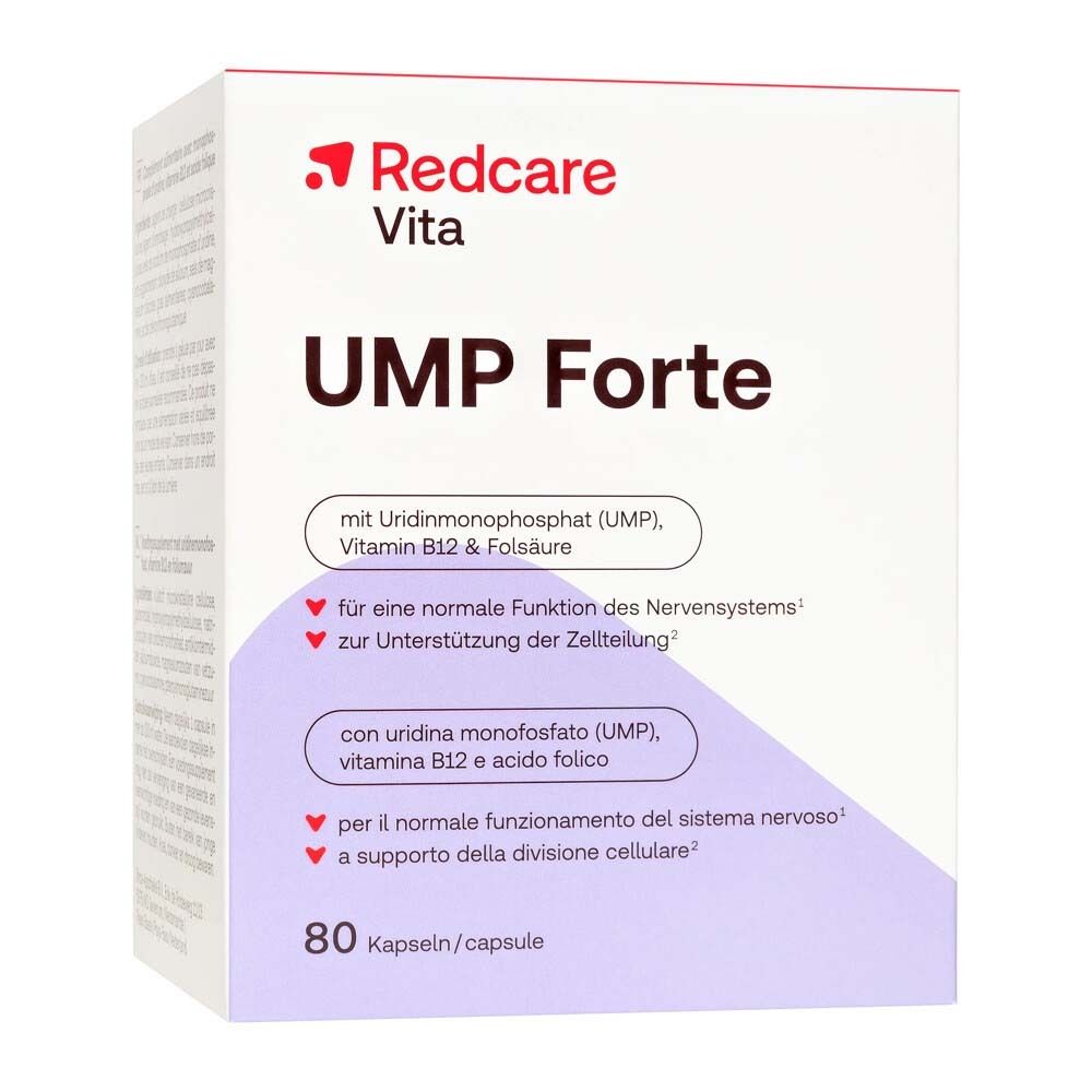 Boîte Redcare Vita UMP Forte. Contient 80 gélules. Contient monophosphate d'uridine, vitamine B12 et acide folique.