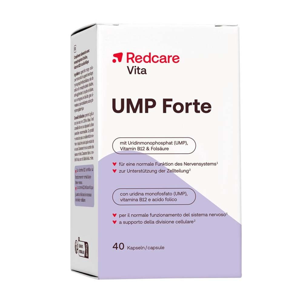 Boîte de Redcare Vita UMP Forte, 40 capsules. Contient UMP, vitamine B12 et acide folique. Pour fonction nerveuse et division cellulaire.
