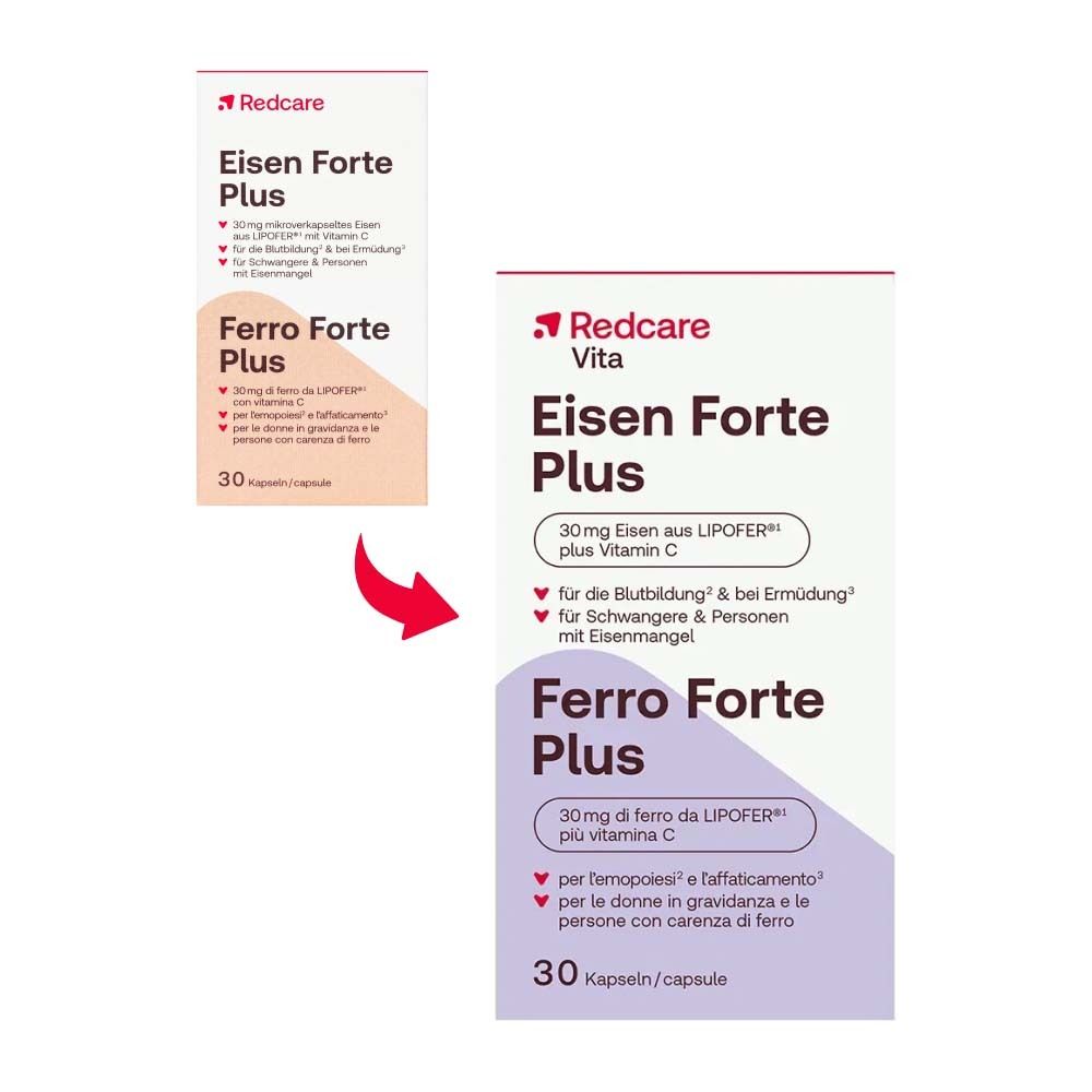 Comparaison boîte et flacon Redcare Eisen Forte Plus. 30 capsules.