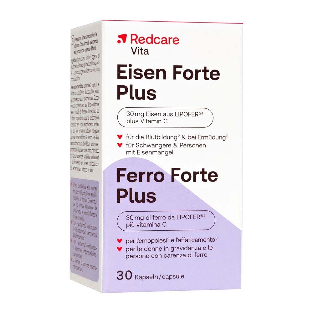 Boîte Redcare Eisen Forte Plus. Contient 30 gélules. Inscription: 30mg de fer plus vitamine C.