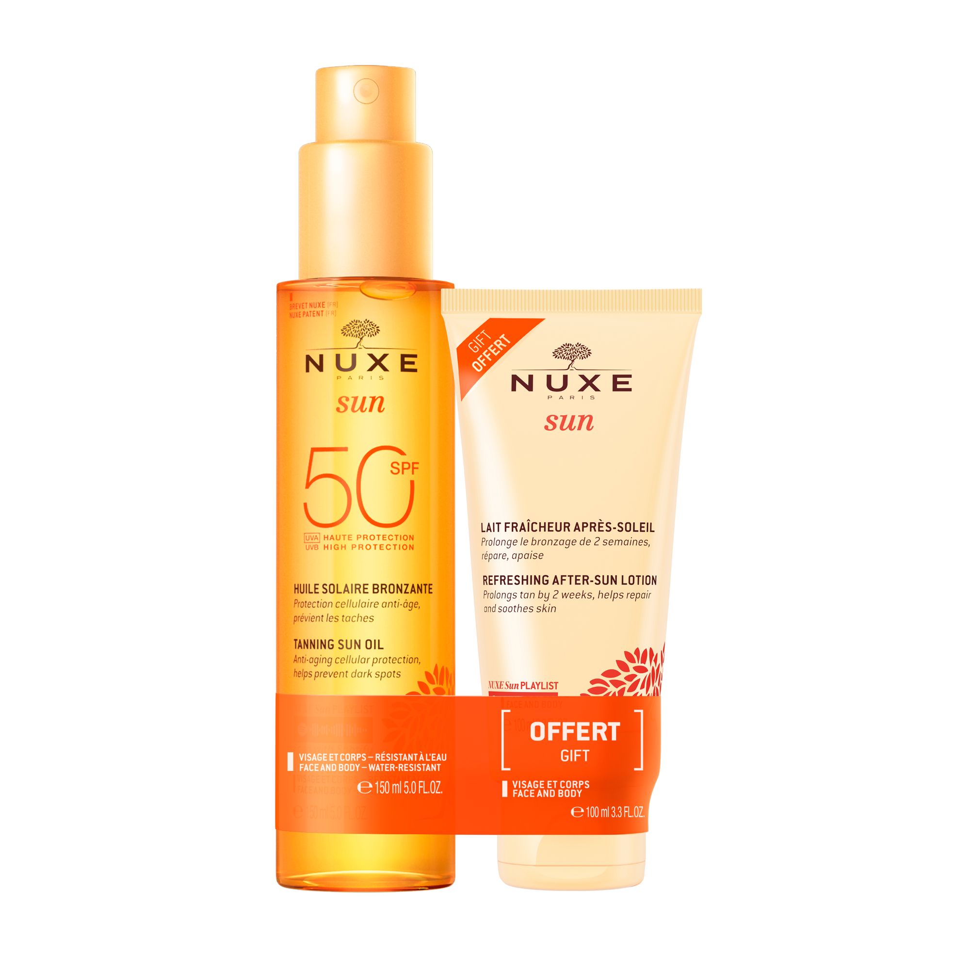 NUXE Sun Set. Huile solaire SPF 50 et soin après-soleil. Deux produits dans un emballage cadeau orange.
