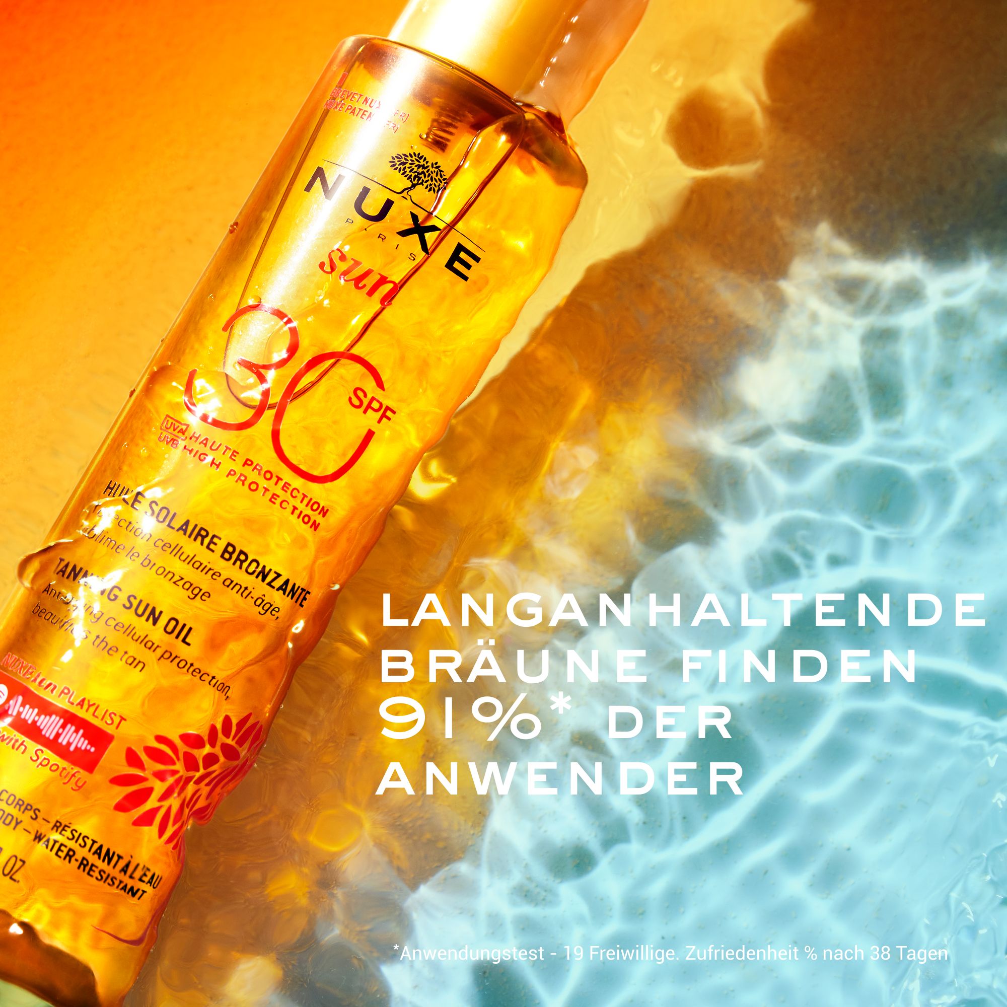 Flacon d'huile solaire avec texte : 91% DES UTILISATEURS TROUVENT UN BRONZAGE DURABLE.