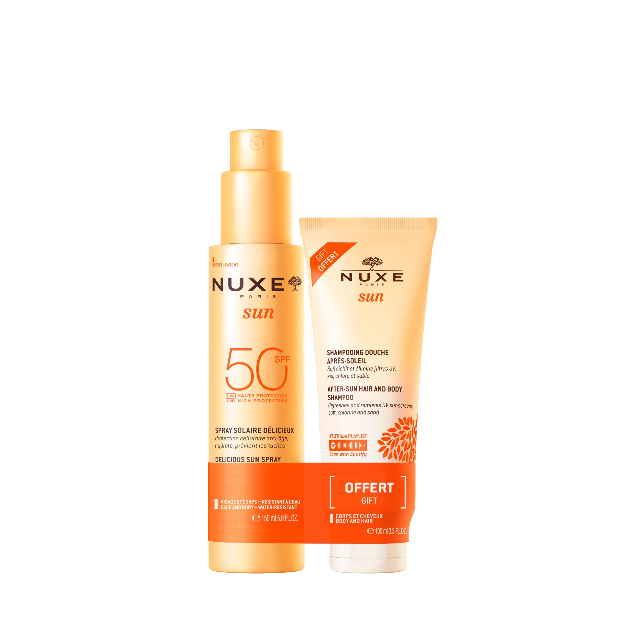 Spray solaire et gel douche après-soleil. Les deux produits sont dans des contenants orange avec du texte blanc.