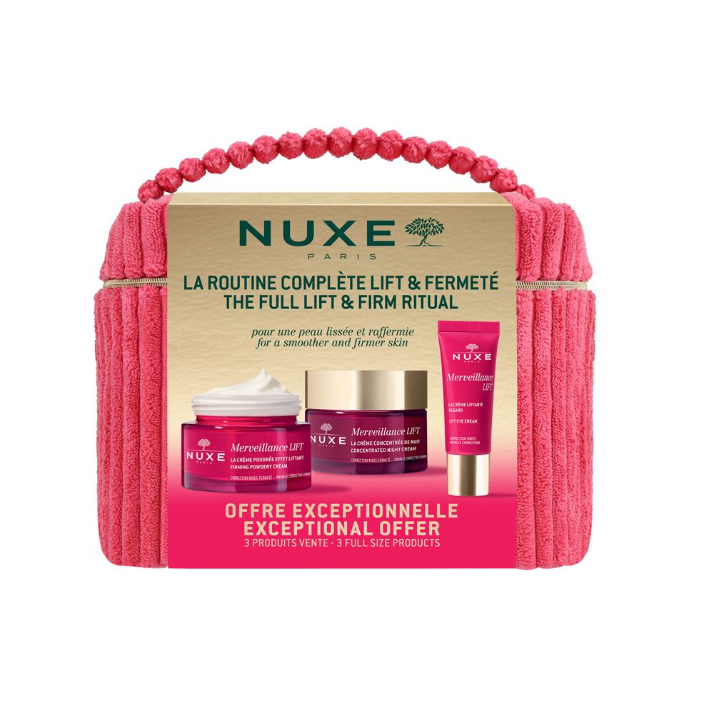 Coffret cadeau NUXE avec crème, crème de nuit et contour des yeux. Présenté dans une trousse de toilette rose avec poignée.