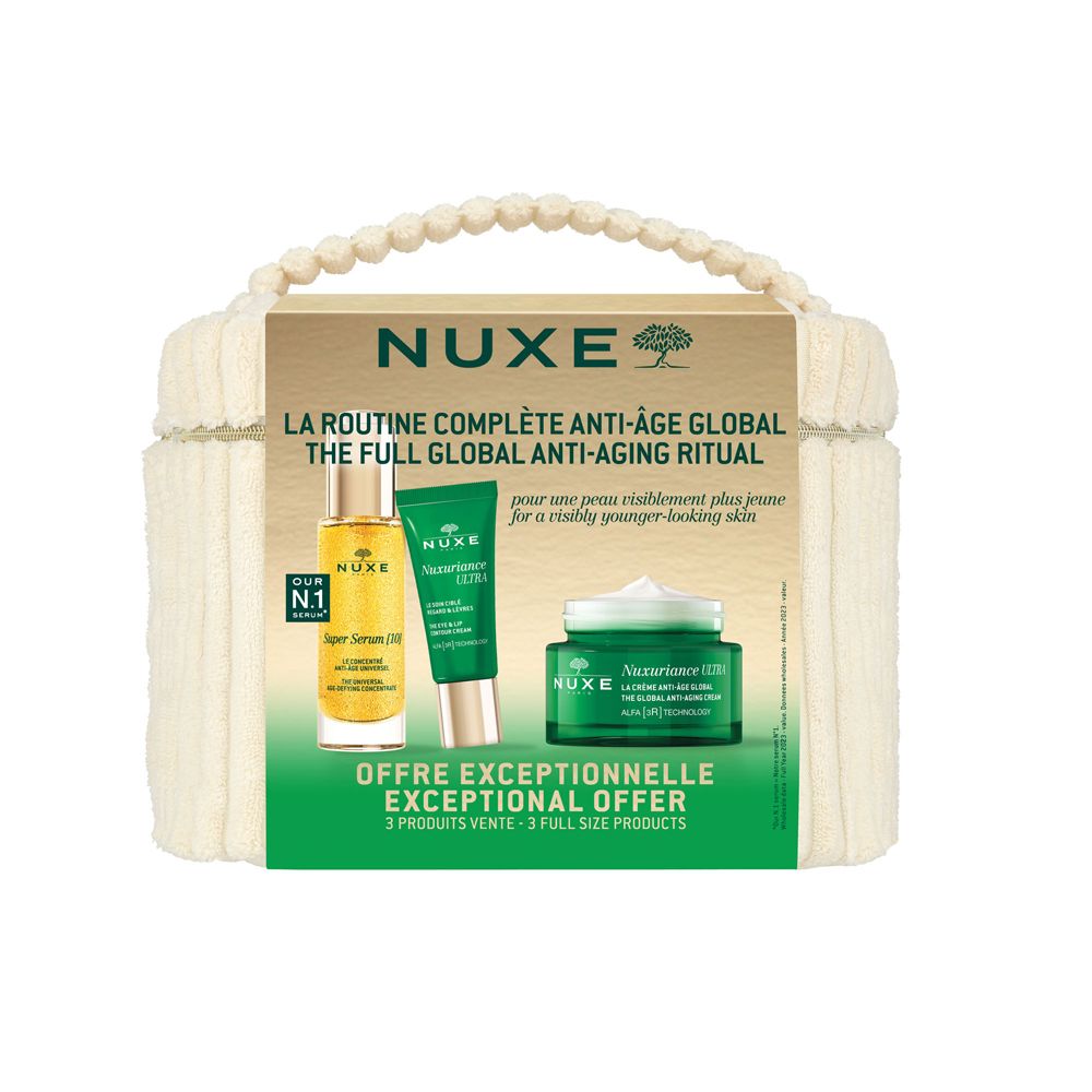 Coffret cadeau avec sérum, crème et tube. Emballé dans un sac crème avec poignée. Offre exceptionnelle.