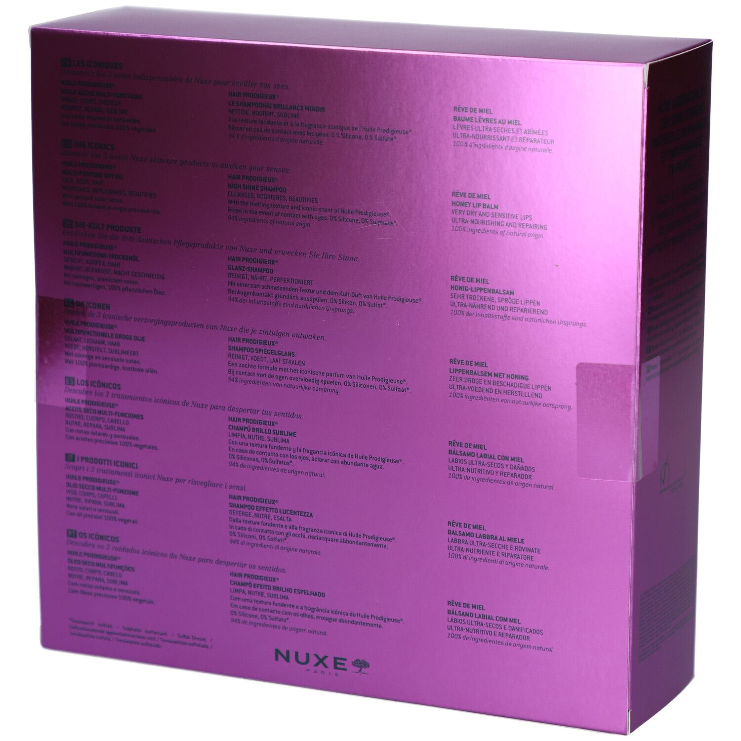 Dos du coffret cadeau violet. Texte multilingue. Le nom de la marque NUXE est visible. "Made in France" est également visible.
