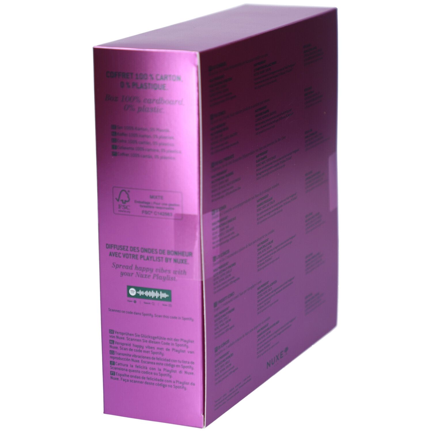 Côté du coffret cadeau violet. Texte multilingue. Logo FSC. Le nom de la marque NUXE est visible. "Made in France" est également visible.