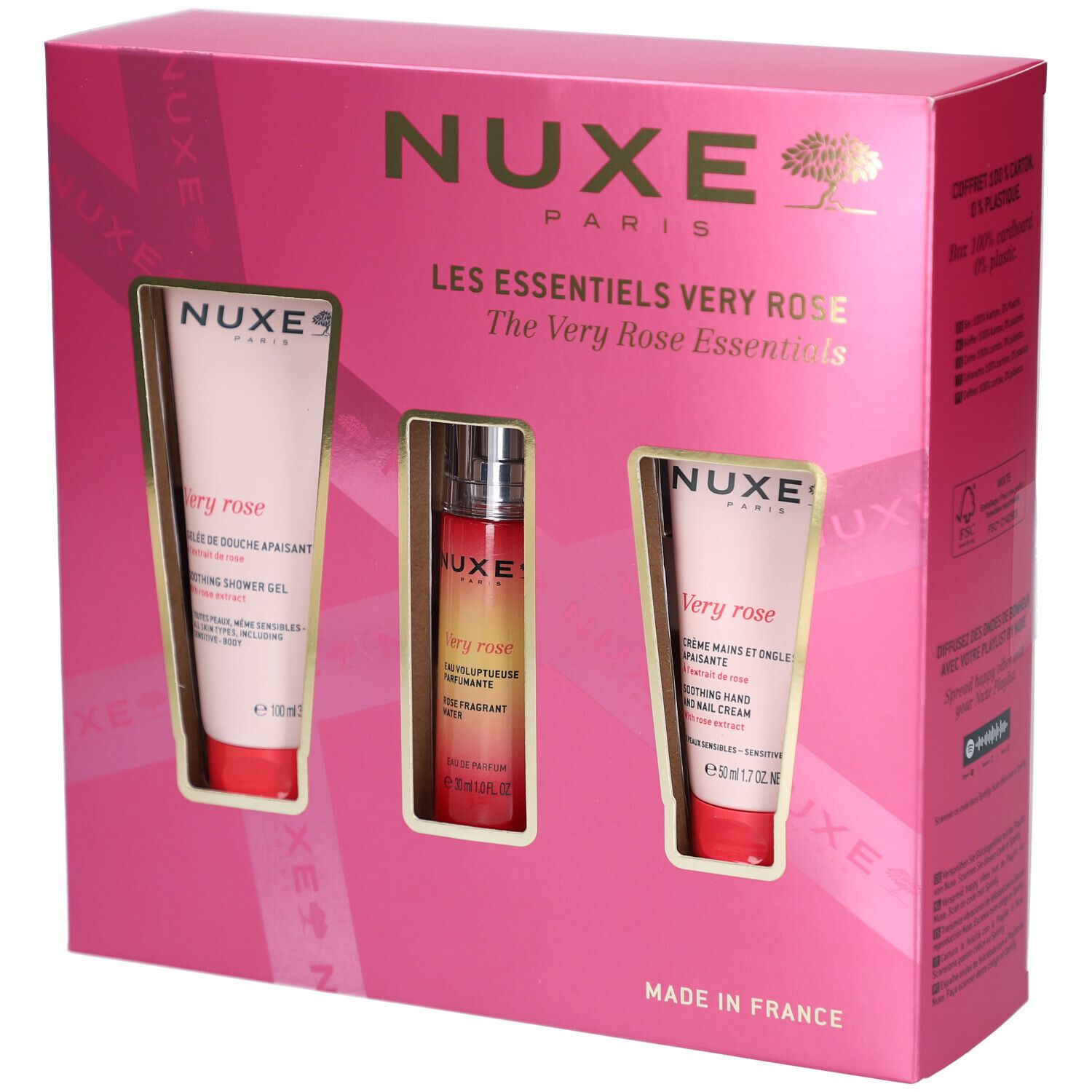 Coffret rose avec trois produits. Logo NUXE et texte "Les Essentiels Very Rose". Produits visibles dans des encoches.
