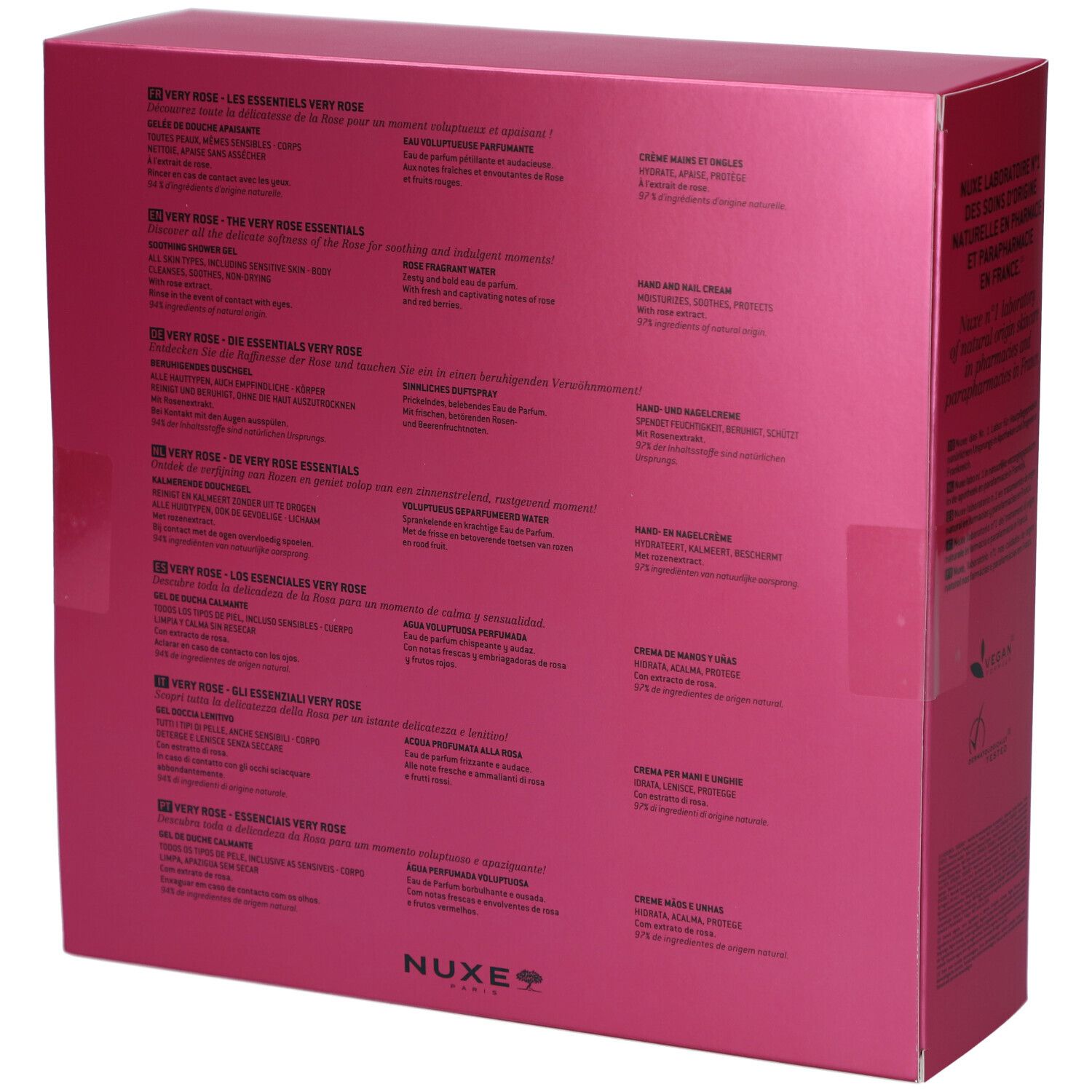 Dos du coffret cadeau rose. Texte en plusieurs langues. Logo NUXE en bas à droite.