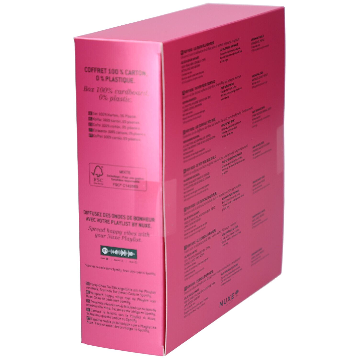 Dos du coffret rose. Texte sur la durabilité. Logo FSC. Code Spotify.