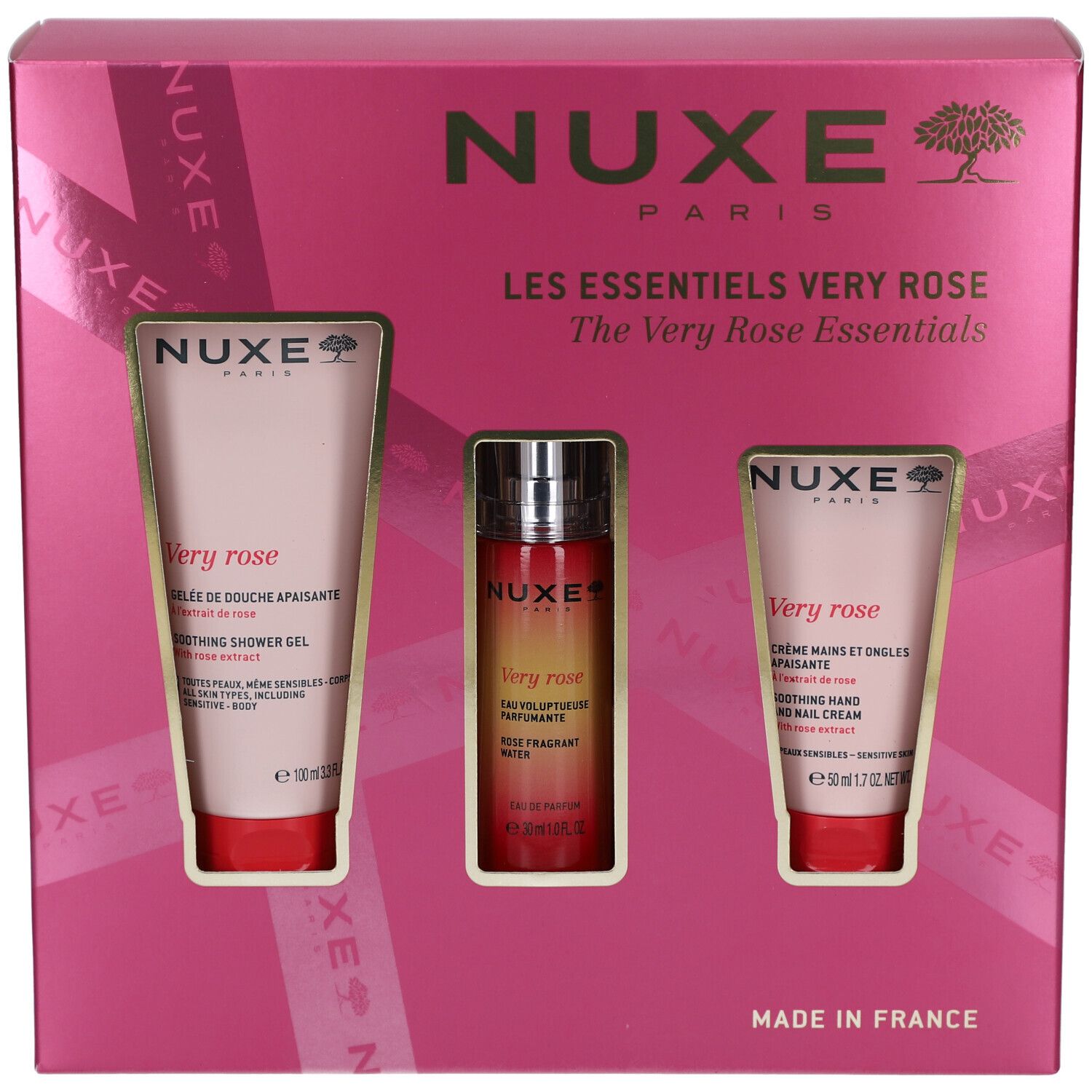 Coffret rose avec trois produits. Logo NUXE et texte "Les Essentiels Very Rose". Produits visibles.