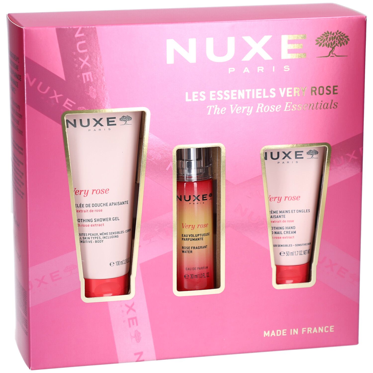 Coffret rose avec trois produits. Logo NUXE et texte "Les Essentiels Very Rose". Produits visibles.