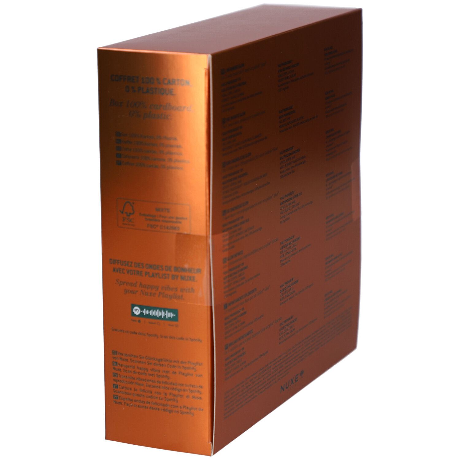 Côté du coffret cadeau doré. Texte : "Compact 100% carton". Logo FSC. Code Spotify.