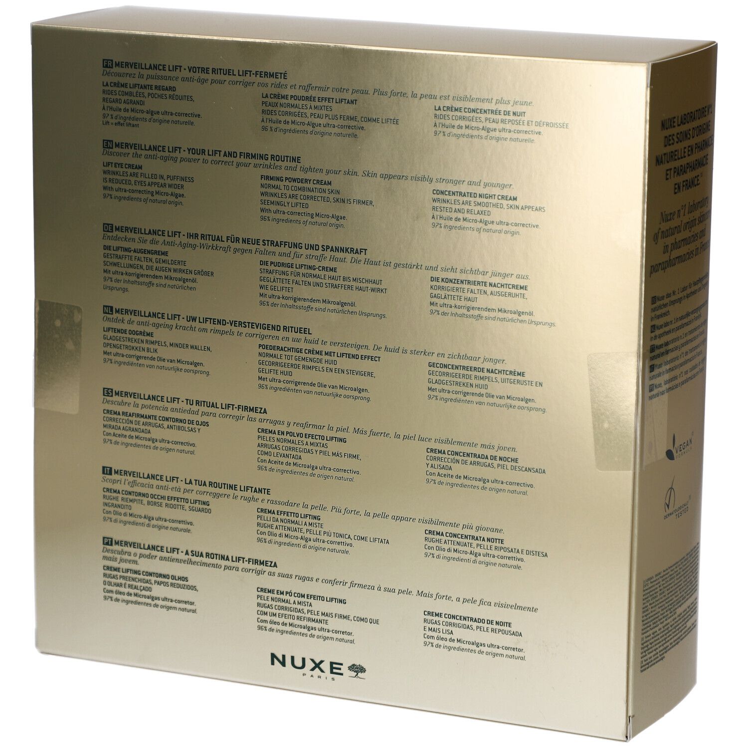 Dos du coffret cadeau. Texte multilingue. Logo NUXE. Informations sur les ingrédients et l'utilisation.