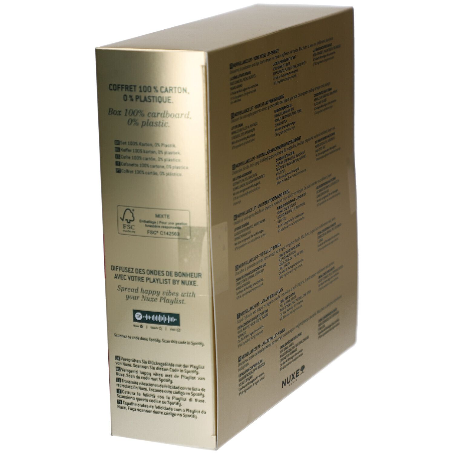 Coin du coffret cadeau. Doré avec texte et code QR. Informations sur la durabilité et le recyclage.