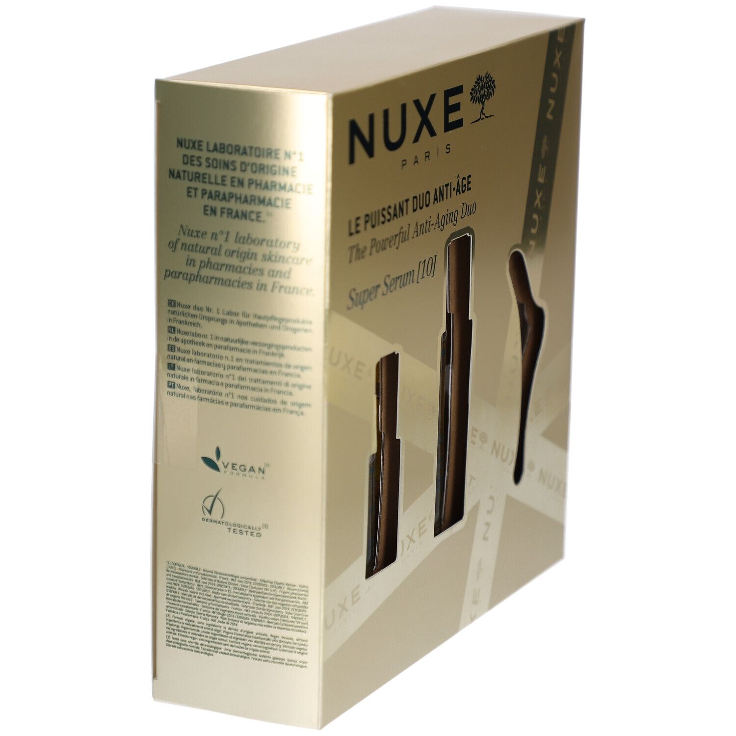 Coffret cadeau doré avec informations produit et logo. Certification Vegan et autres textes.
