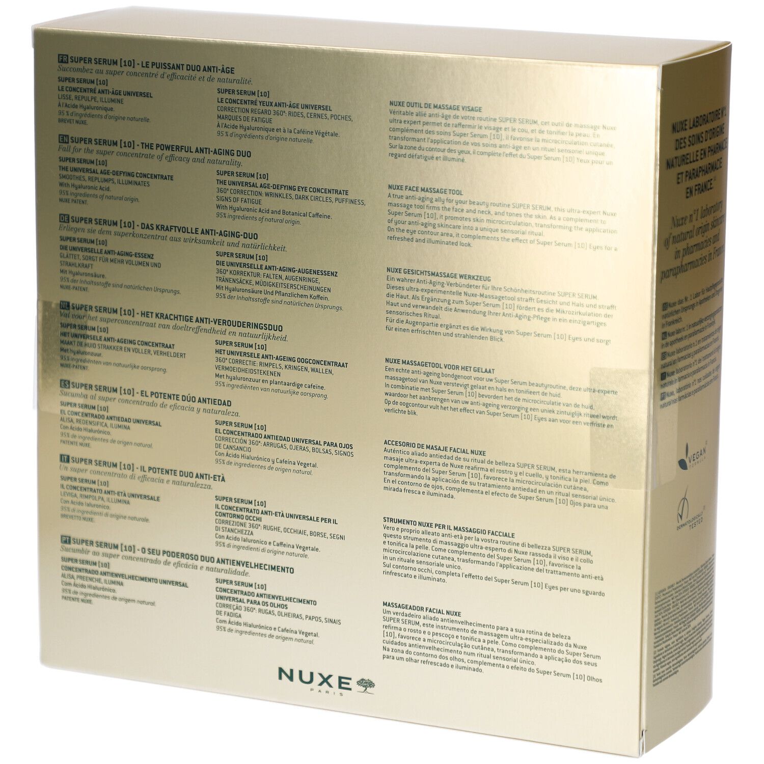 Dos du coffret cadeau avec informations produit multilingues. Logo NUXE.