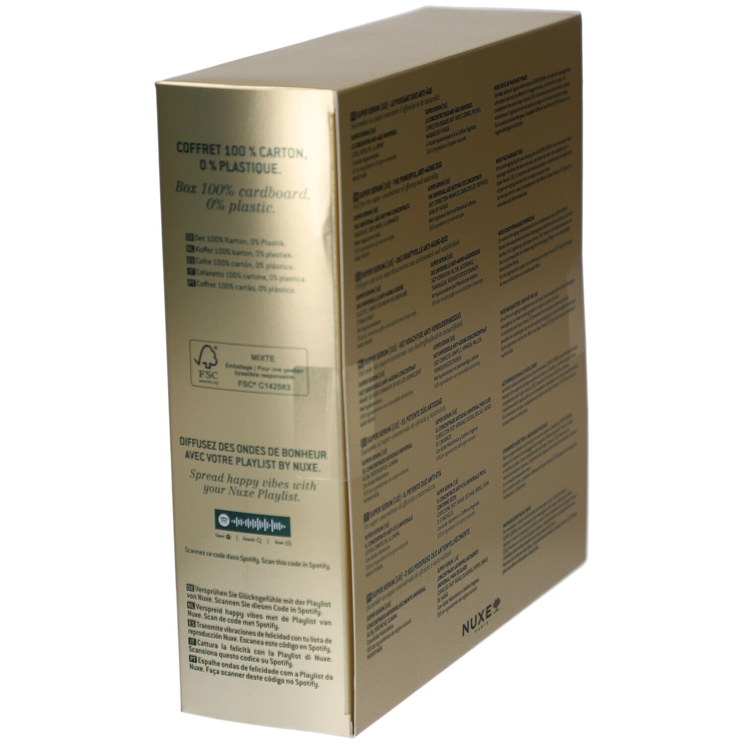 Coffret cadeau doré avec certification FSC et texte. Logo NUXE et code Spotify.