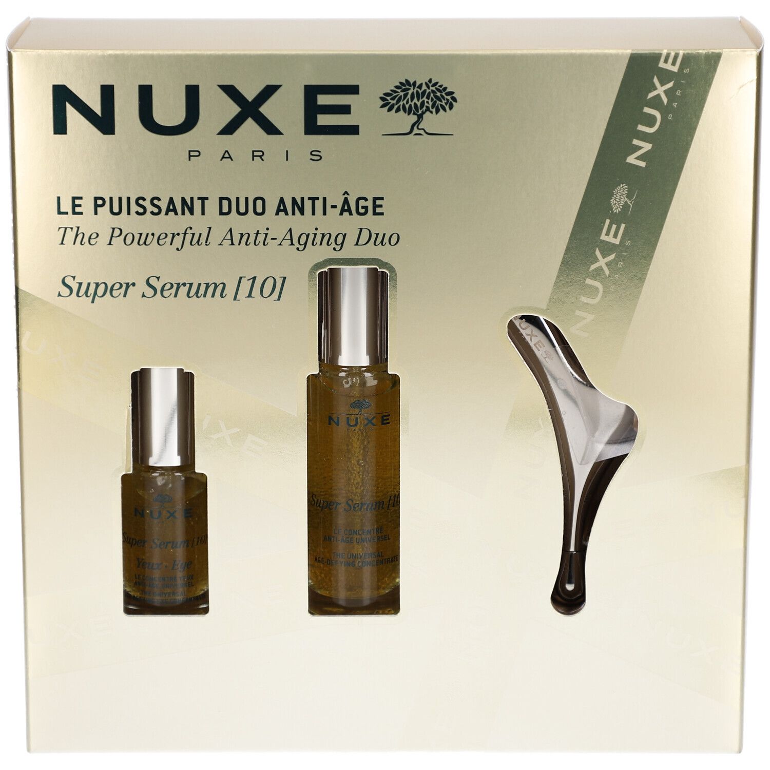 Coffret cadeau avec deux sérums et un outil de massage. Nom du produit et logo visibles.