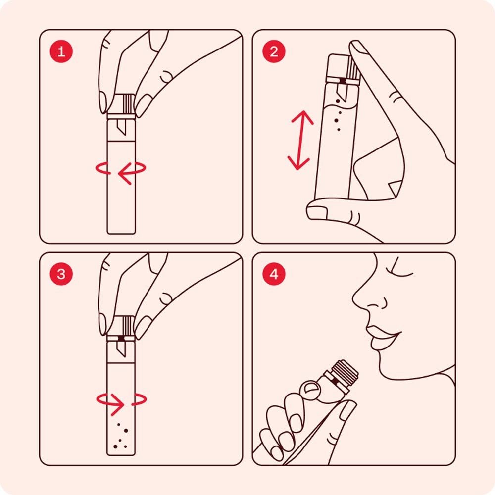 Instructions d'utilisation de l'ampoule. 4 étapes : tourner, ouvrir, secouer, boire.